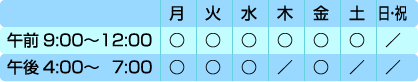 画像：診療時間表：月、火、水、金曜日は午前9時から12時、午後4時から7時までです。木、土曜日は午前9時から12時までです。